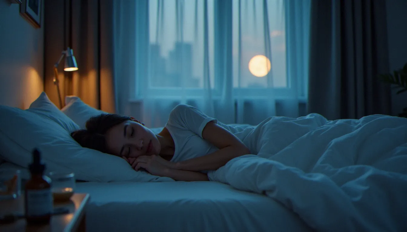 Personne endormie paisiblement dans une chambre lumineuse la nuit, avec des gélules de CBD et un verre d'eau sur la table de chevet