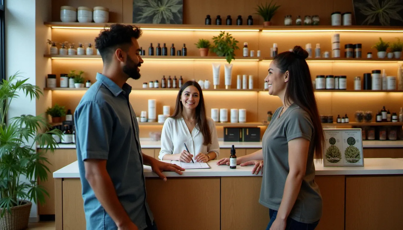Intérieur d'une boutique CBD spécialisée avec rayons de produits variés et conseil en magasin, type de commerce que l'on trouve à Rouen