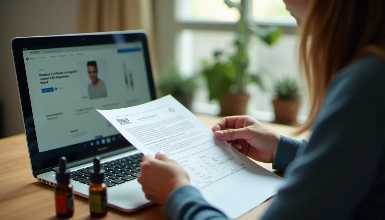 Personne consultant un certificat d'analyse de produit CBD avant un achat en ligne, démarche recommandée pour choisir un CBD de qualité à Rouen