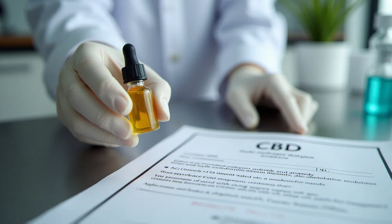 Technicien de laboratoire tenant un flacon d'huile CBD dorée à côté d'un certificat d'analyse, illustrant le contrôle qualité des produits CBD.