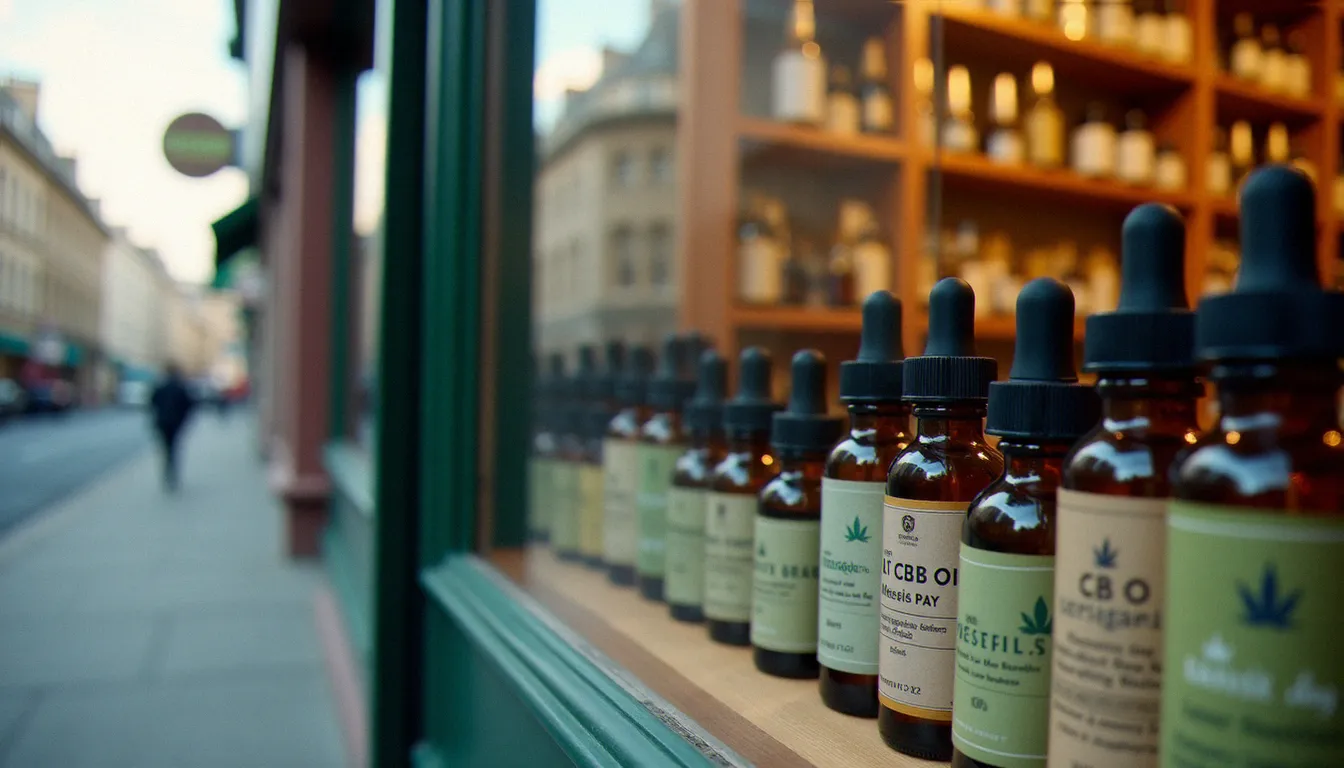 Vitrine de pharmacie française présentant des flacons d'huile CBD légaux, illustrant la réglementation du CBD en France