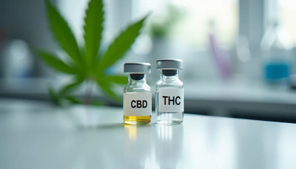 cbd thc featured Deux fioles de laboratoire représentant le CBD et le THC côte à côte avec une feuille de cannabis en arrière-plan