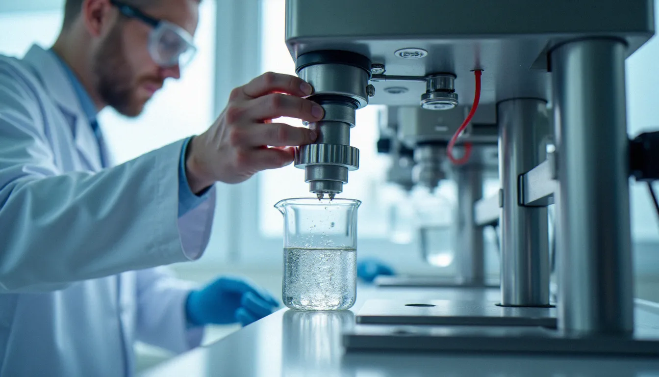 Technicien en laboratoire préparant une nanoemulsion de CBD, procédé de fabrication du cbd'eau par microfluidisation