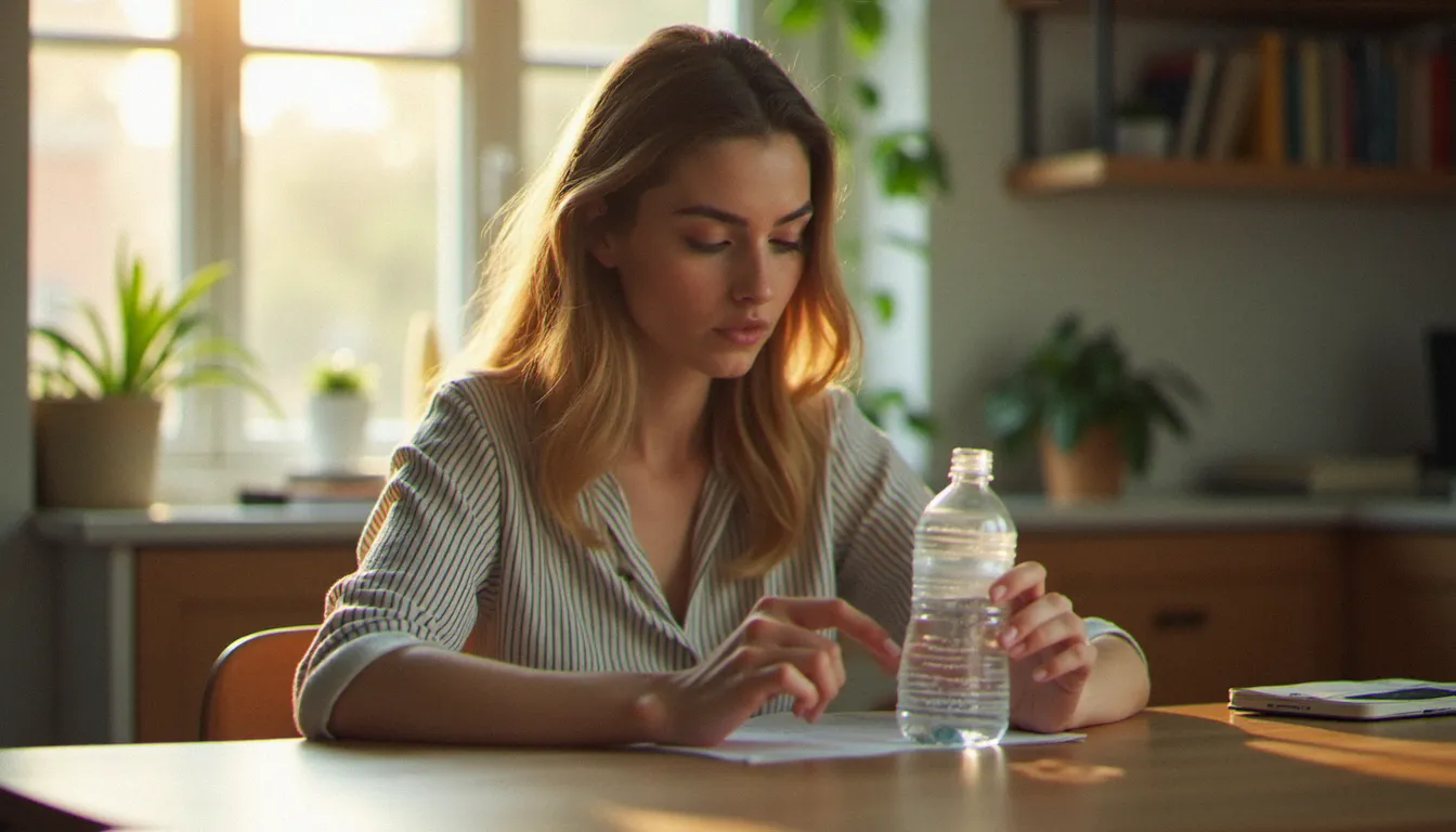 Femme lisant attentivement l'étiquette d'une bouteille de cbd'eau pour vérifier la composition et le certificat d'analyse