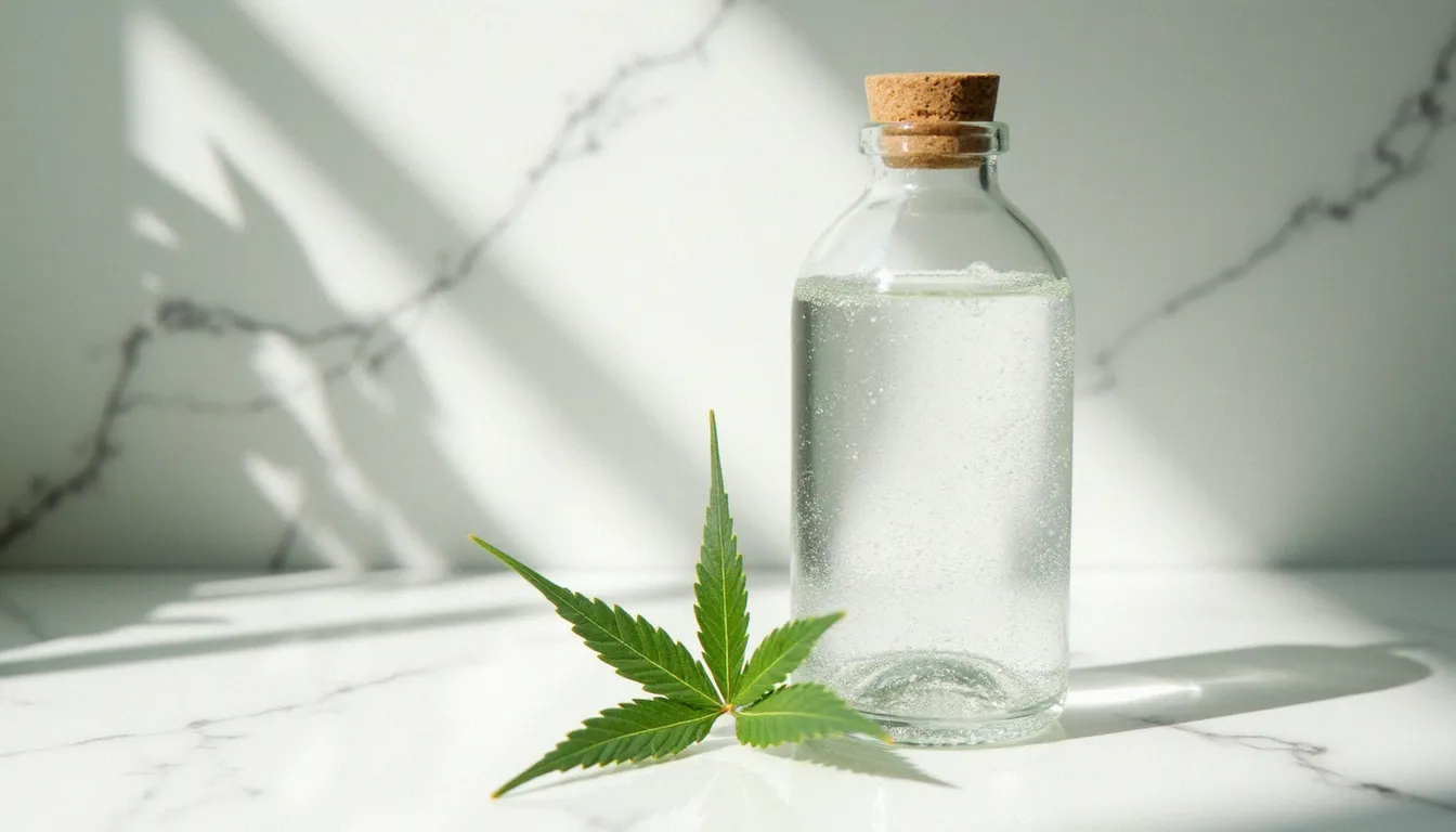 Bouteille d'eau au CBD posée sur un plan de marbre blanc avec des feuilles de chanvre, illustrant le concept de cbd'eau