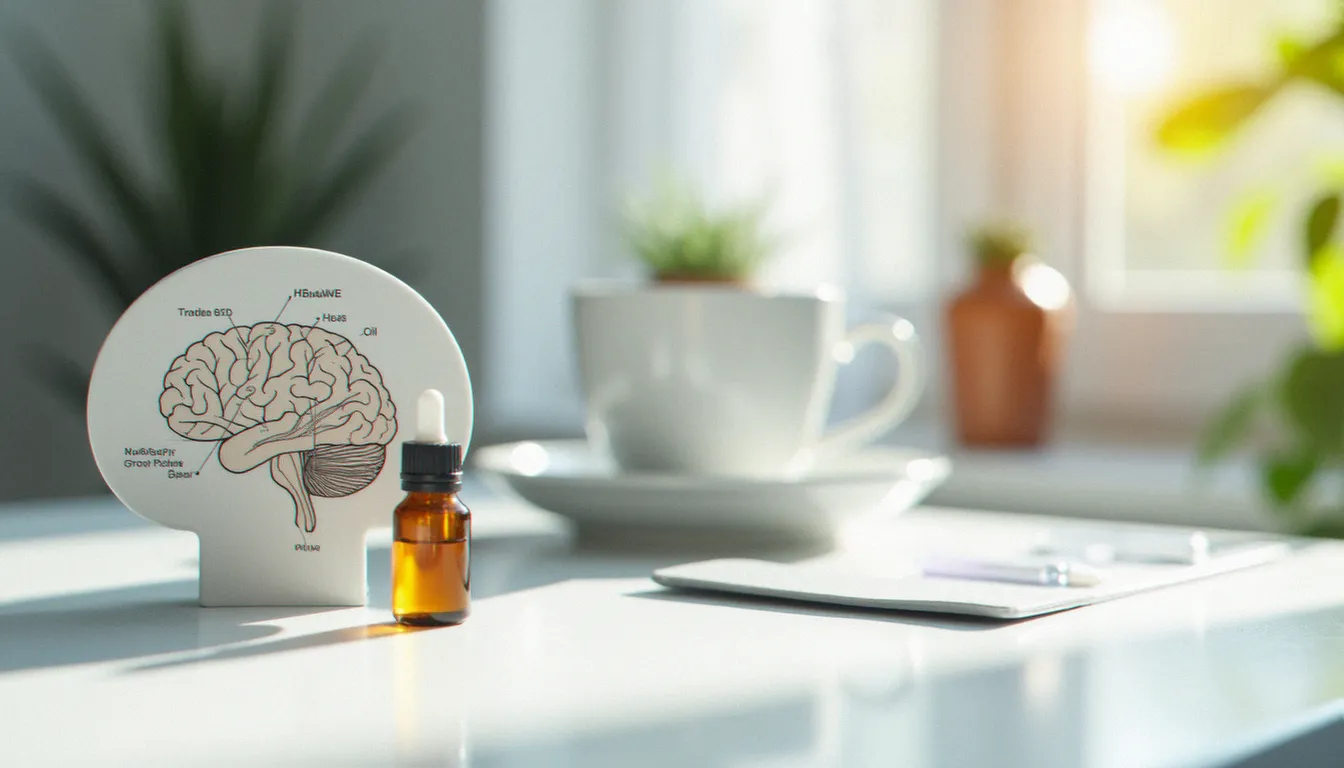 Modèle anatomique du cerveau posé à côté d'une huile CBD et d'un café, illustrant l'interaction du cannabidiol avec le système nerveux