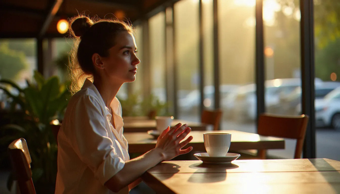 Une personne détendue déguste un coffee CBD en terrasse dans un café de Melbourne, sous la lumière matinale