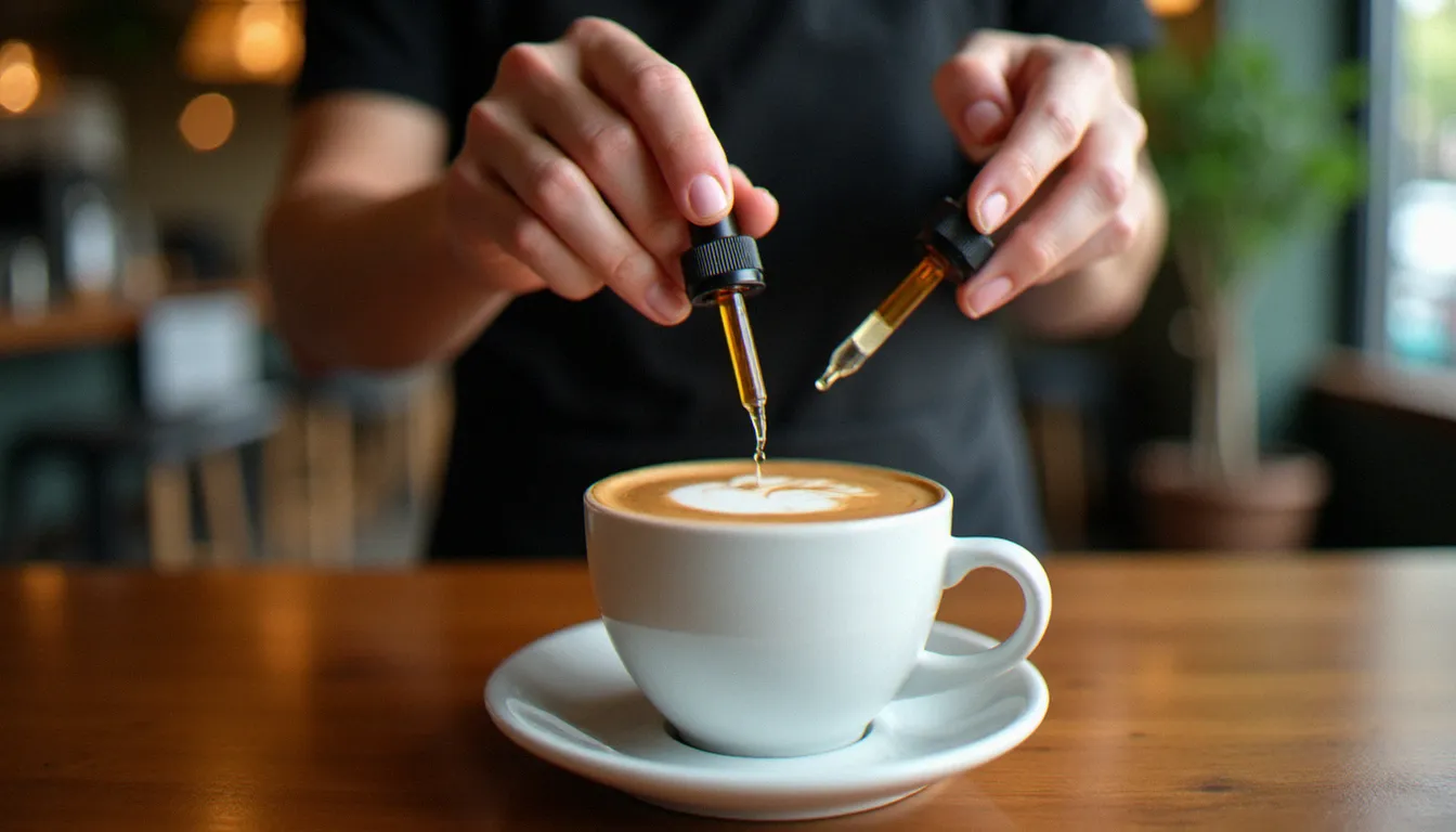 Un barista ajoute quelques gouttes d'huile CBD dans un coffee CBD à Melbourne, avec un intérieur de café chaleureux en arrière-plan