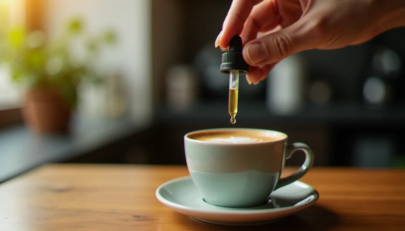 Flacon d'huile de CBD tenu au-dessus d'une tasse d'espresso sur un comptoir de café, illustrant la préparation d'un café au cannabidiol