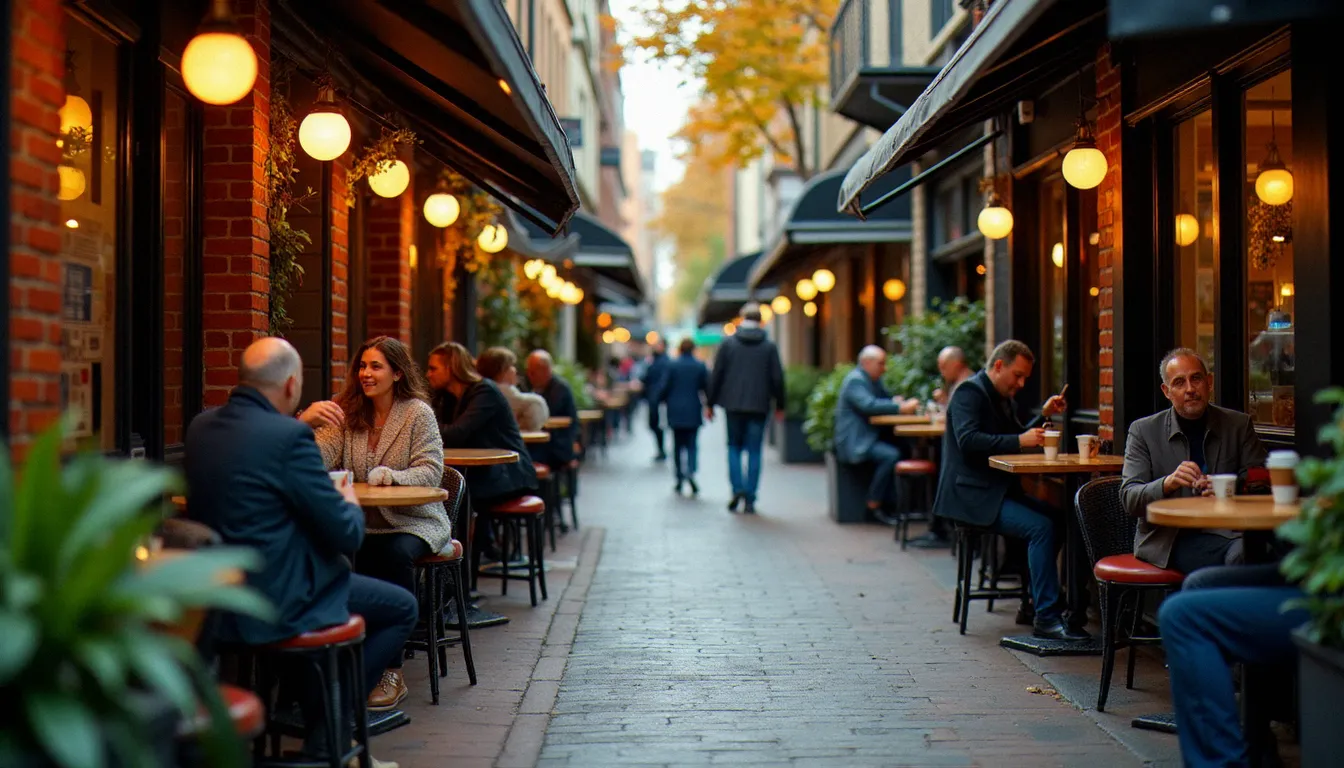 Vue d'une ruelle animée du Melbourne CBD avec des cafés en terrasse, illustrant la scène coffee in Melbourne CBD