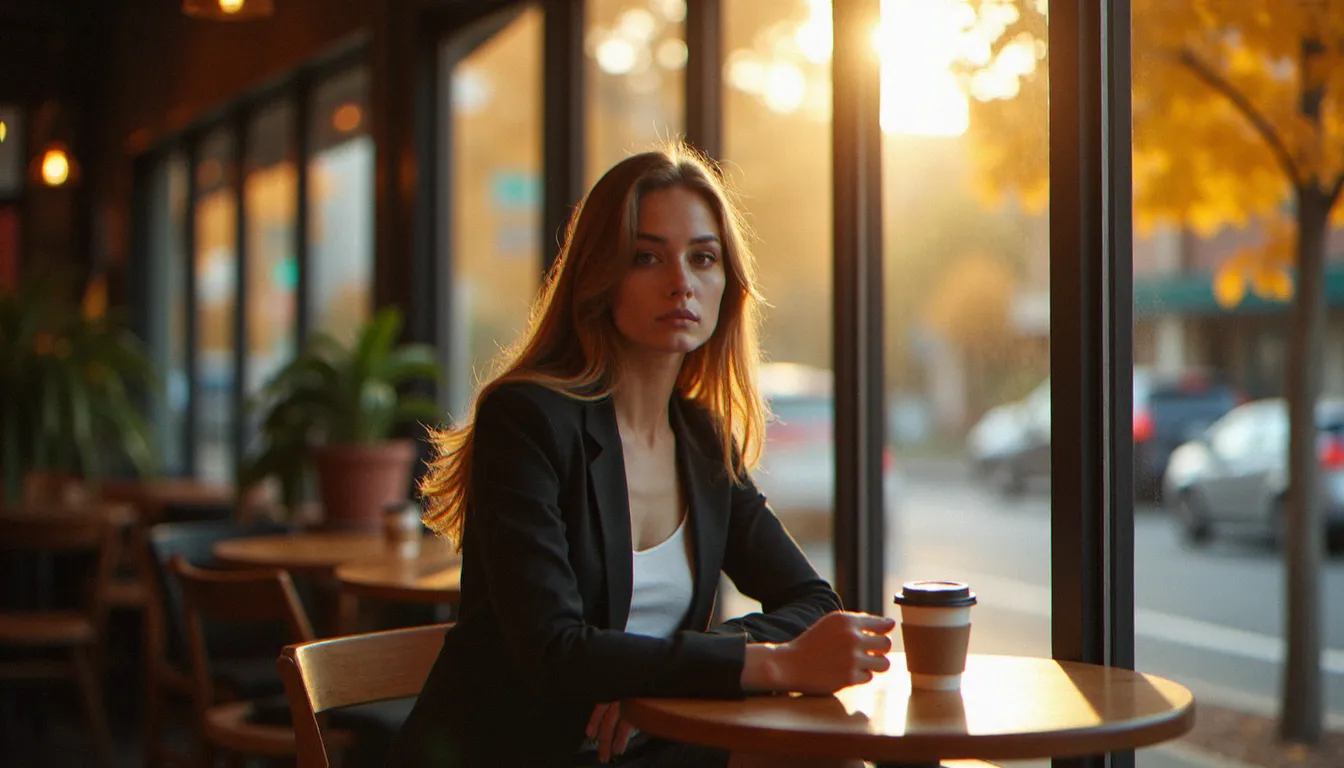 Femme concentrée savourant un café au CBD dans un café du centre-ville de Melbourne, lumière de fenêtre automnale, ambiance bien-être et sérénité