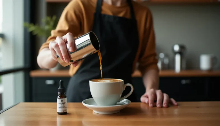 Barista préparant un flat white avec du CBD dans un café de spécialité du Melbourne CBD, avec une pipette d'huile de CBD posée sur le comptoir en bois