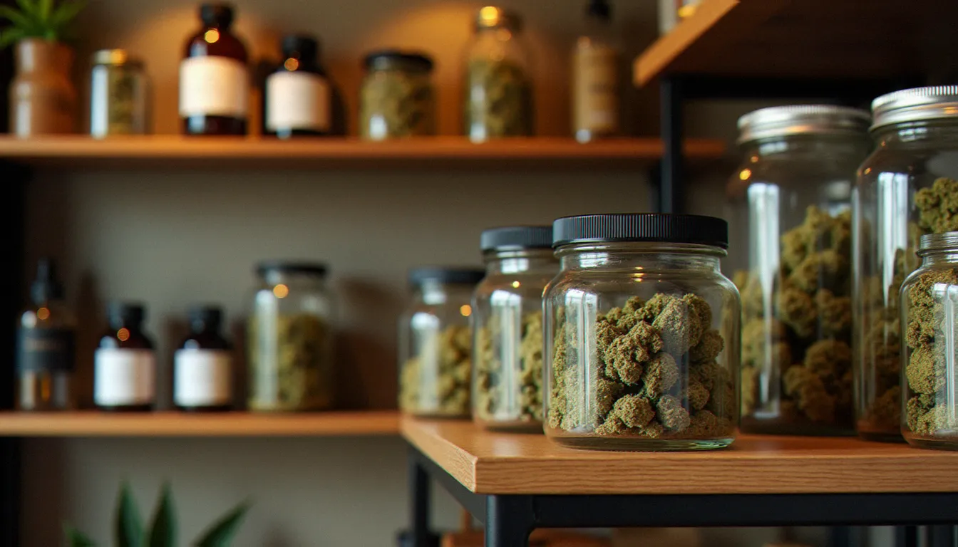 Intérieur d'une boutique CBD indépendante avec des rayonnages présentant des fleurs et huiles CBD en vente, ambiance de commerce de proximité