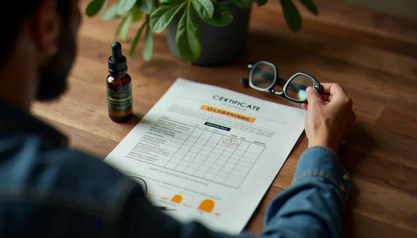 Une personne consultant un certificat d'analyse de laboratoire pour un produit CBD, vérification de la qualité d'un achat destock CBD
