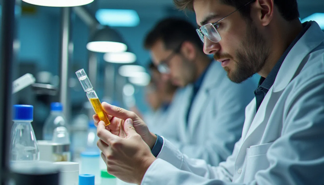 Technicien en blouse blanche analysant un extrait de CBD doré dans un laboratoire équipé d'instruments analytiques modernes