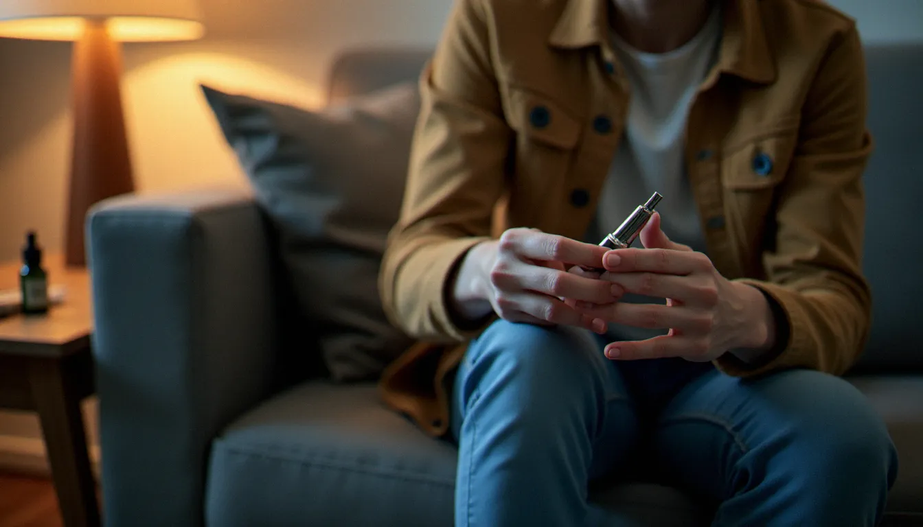 Personne assise dans un salon calme tenant une cigarette électronique, flacon d'e liquide CBD visible sur la table basse, atmosphère apaisante en soirée