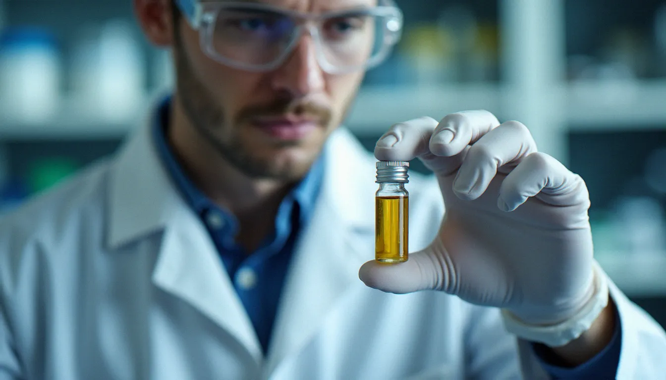 Technicien de laboratoire analysant un extrait de CBD sous lumière artificielle dans un environnement stérile, représentant le contrôle qualité des concentrations d'e-liquide CBD