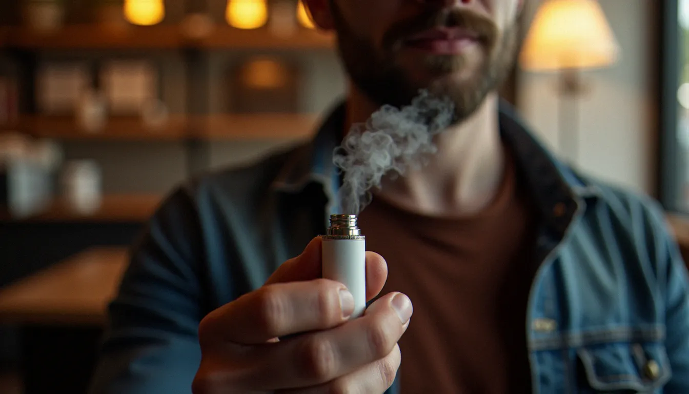 Personne tenant un pod de vapotage avec un nuage de vapeur visible dans une pièce lumineuse, illustrant l'utilisation d'un e-liquide CBD haute concentration au quotidien