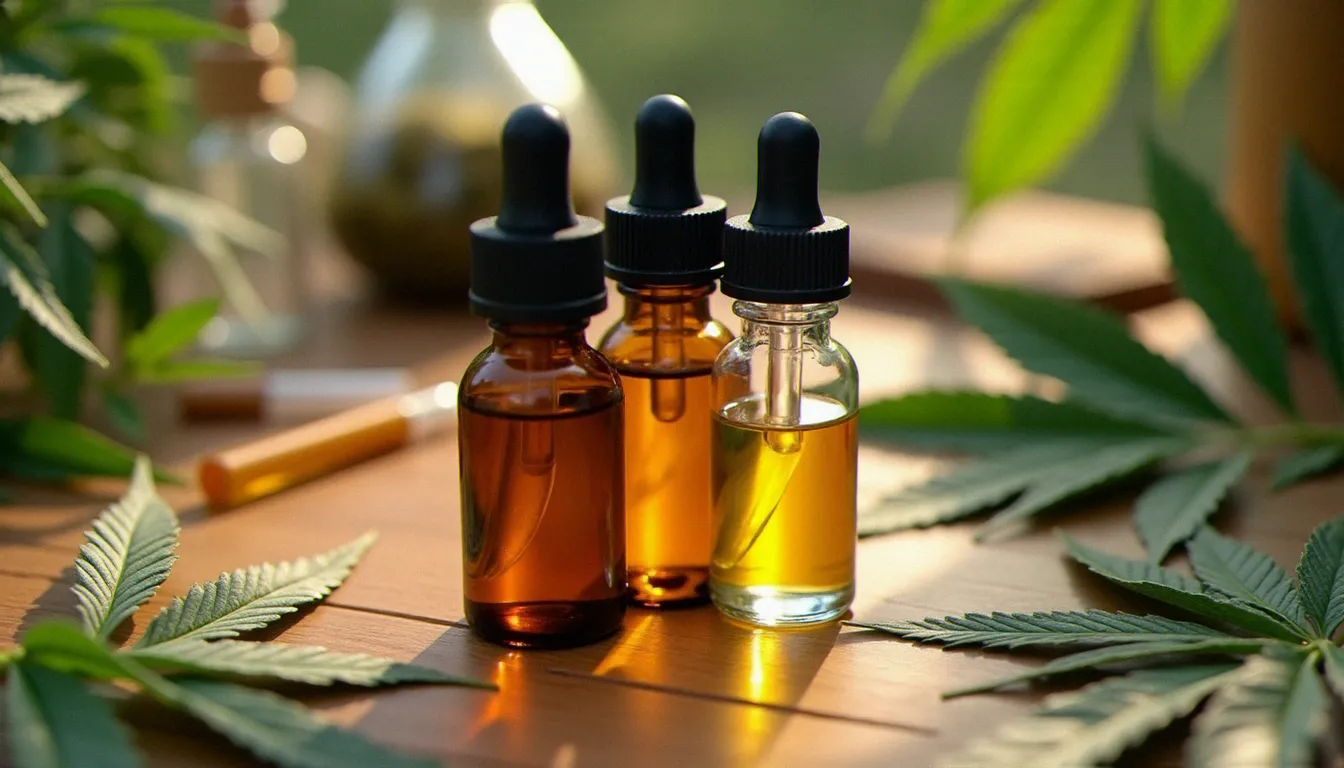 Trois flacons d'eliquide CBD représentant les formats spectre complet, spectre large et isolat, disposés sur une surface en bois avec des feuilles de chanvre