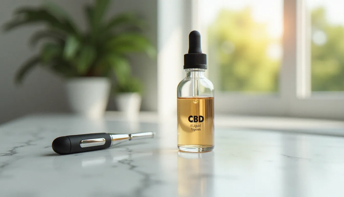 Flacon d'eliquide CBD transparent posé sur une surface en marbre blanc à côté d'une cigarette électronique moderne, éclairage naturel doux