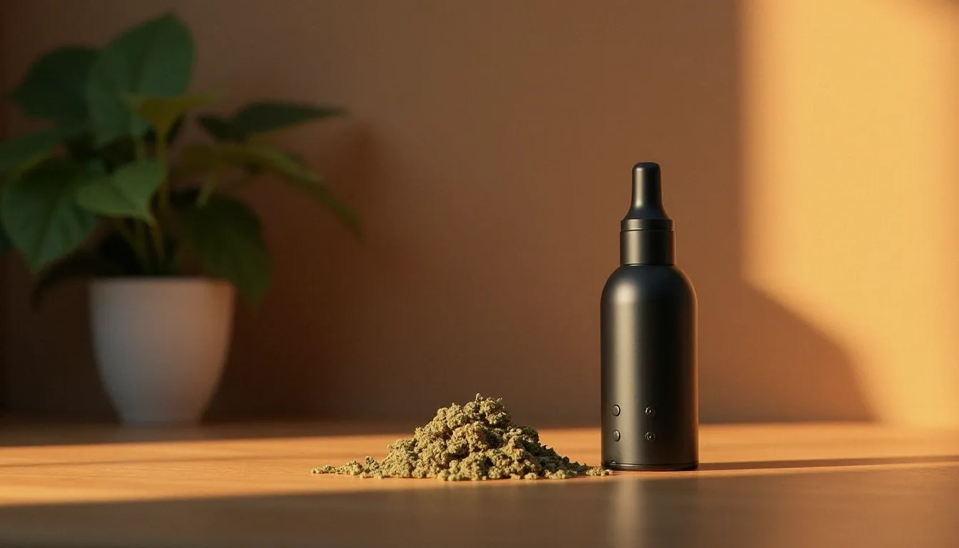 Vaporisateur portable posé à côté d'une fleur CBD séchée sur une surface en bois, mode de consommation recommandé