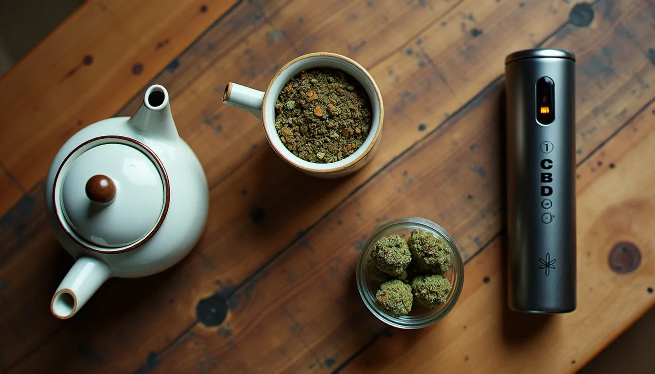 Vue de dessus sur table en bois montrant trois modes de consommation de fleur de CBD : infusion, vaporisateur et fleur brute en bocal