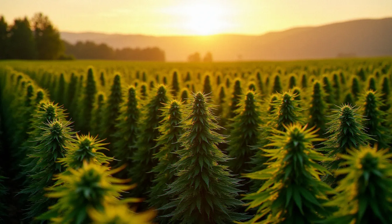 Champ de chanvre industriel en Alsace au coucher de soleil, illustrant la culture légale du chanvre à faible taux de THC