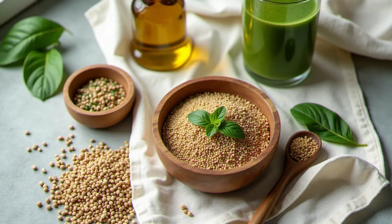 Graines de chanvre CBD dans un bol en bois avec huile de chanvre et smoothie, représentant les usages alimentaires des graines de chanvre