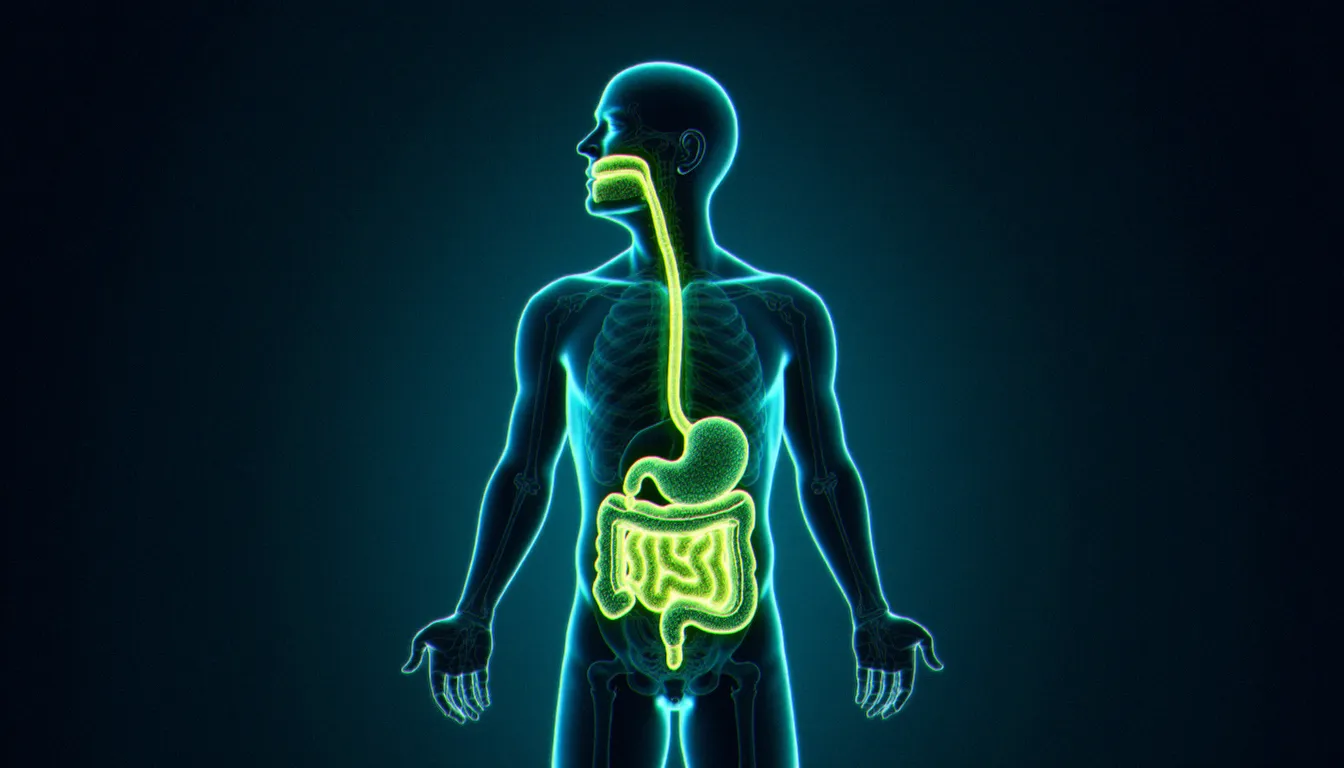 Illustration du trajet d'absorption orale du CBD à travers le système digestif et le foie