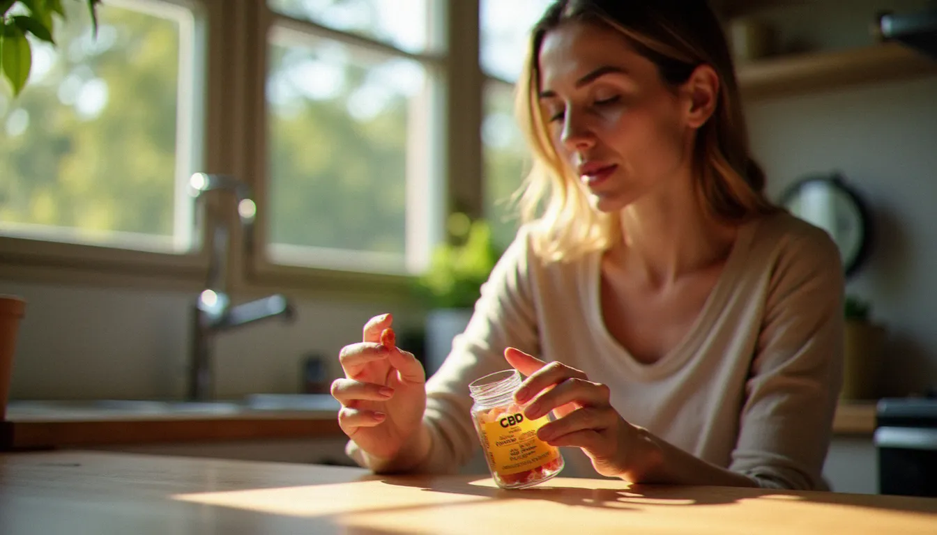 Une femme lisant attentivement l'étiquette d'un flacon de gummies CBD à la lumière naturelle d'une fenêtre