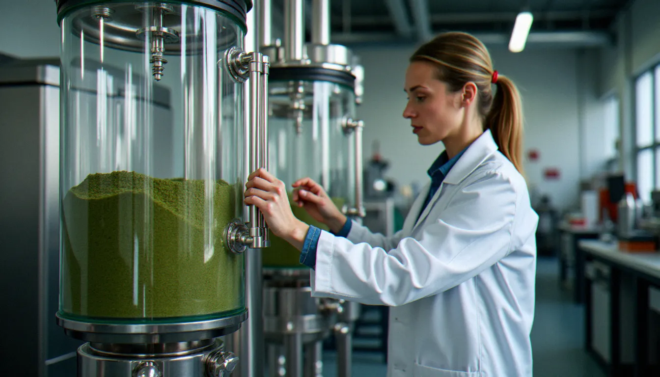 Chercheur en blouse blanche inspectant un équipement d'extraction CO2 supercritique dans une installation de production d'huile au CBD