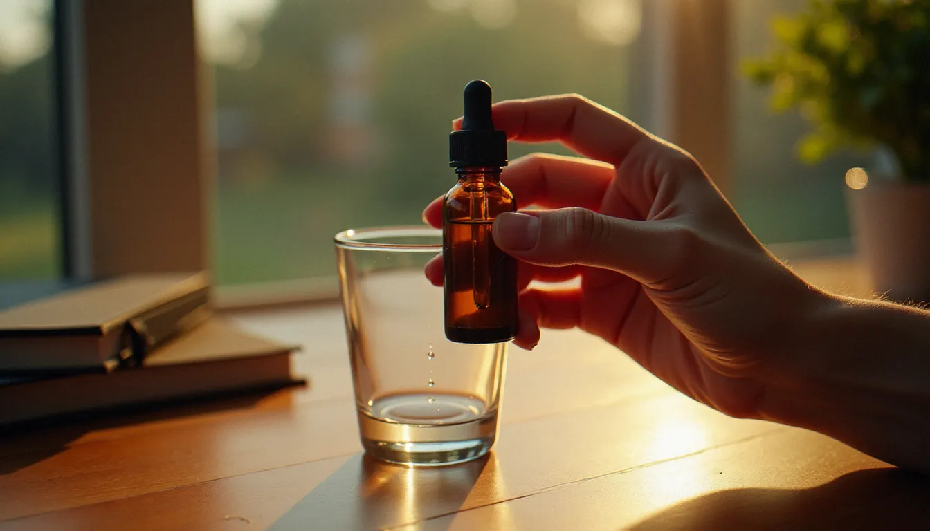 Prise d'huile au CBD en sublingual, une personne tenant un compte-gouttes sous sa langue dans une ambiance lumineuse matinale
