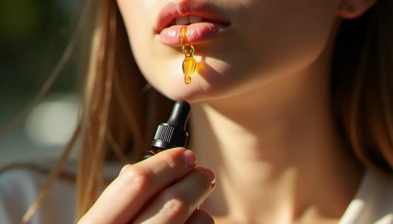 Personne prenant de l'huile CBD en sublingual, quelques gouttes sous la langue dans un cadre intérieur naturel