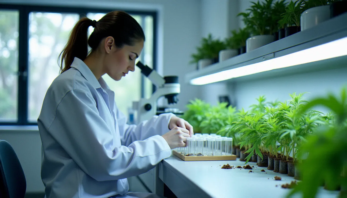 Technicien de laboratoire suisse analysant des extraits de CBD dans un environnement scientifique accrédité