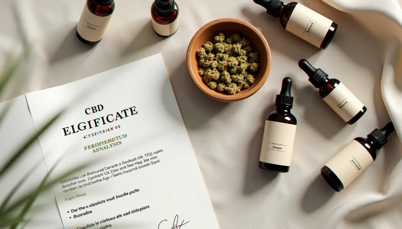 Sélection de produits CBD suisses disposés en flat lay avec un certificat d'analyse visible, illustration du choix qualité