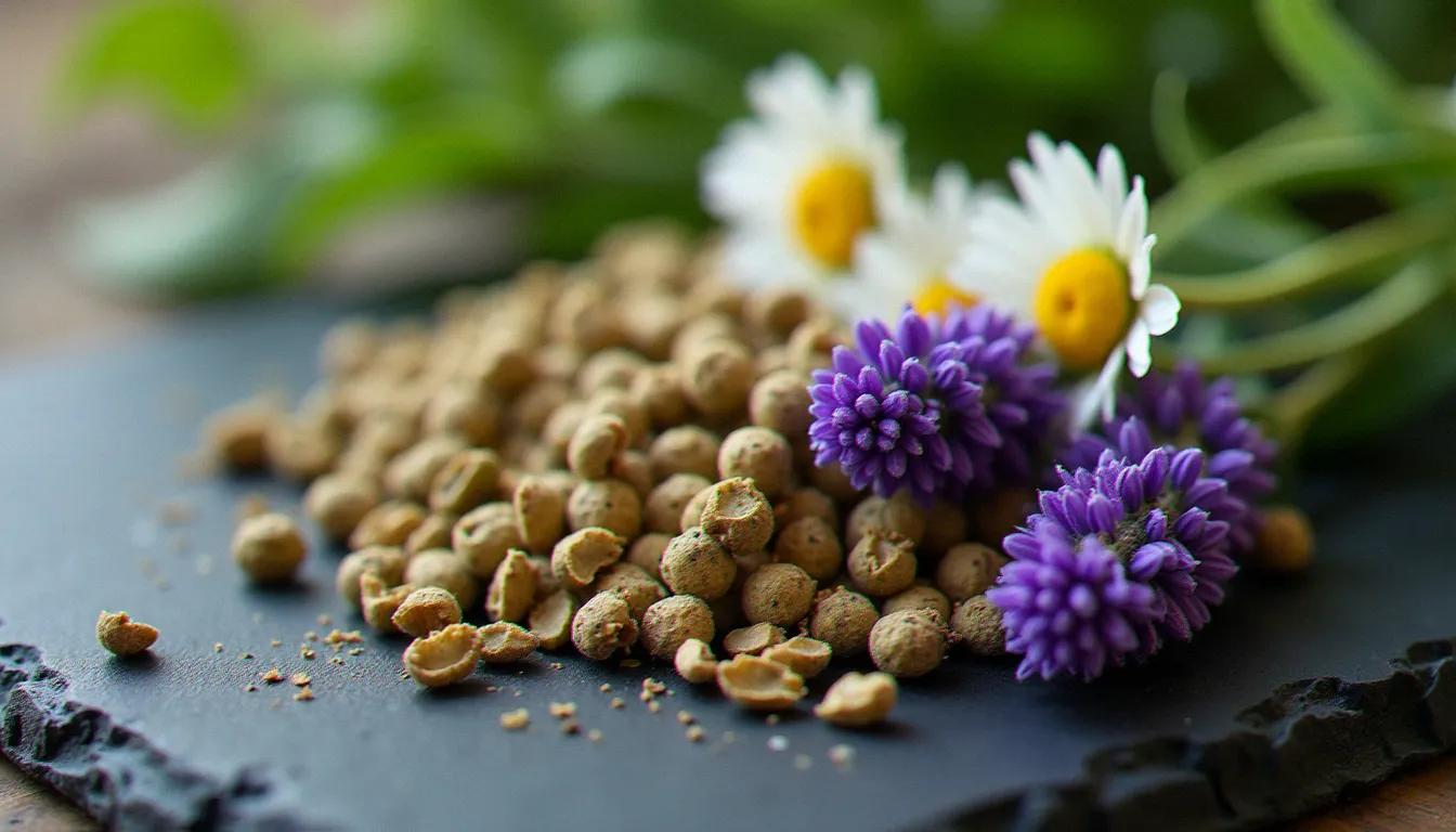 Fleurs de chanvre CBD séchées et plantes aromatiques comme la camomille et la lavande disposées sur une ardoise, détail botanique