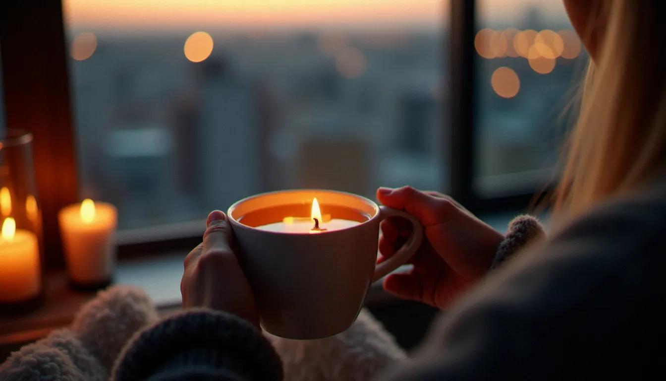 Une personne tenant une tasse d'infusion CBD au crépuscule près d'une fenêtre, ambiance apaisante et lumière tamisée