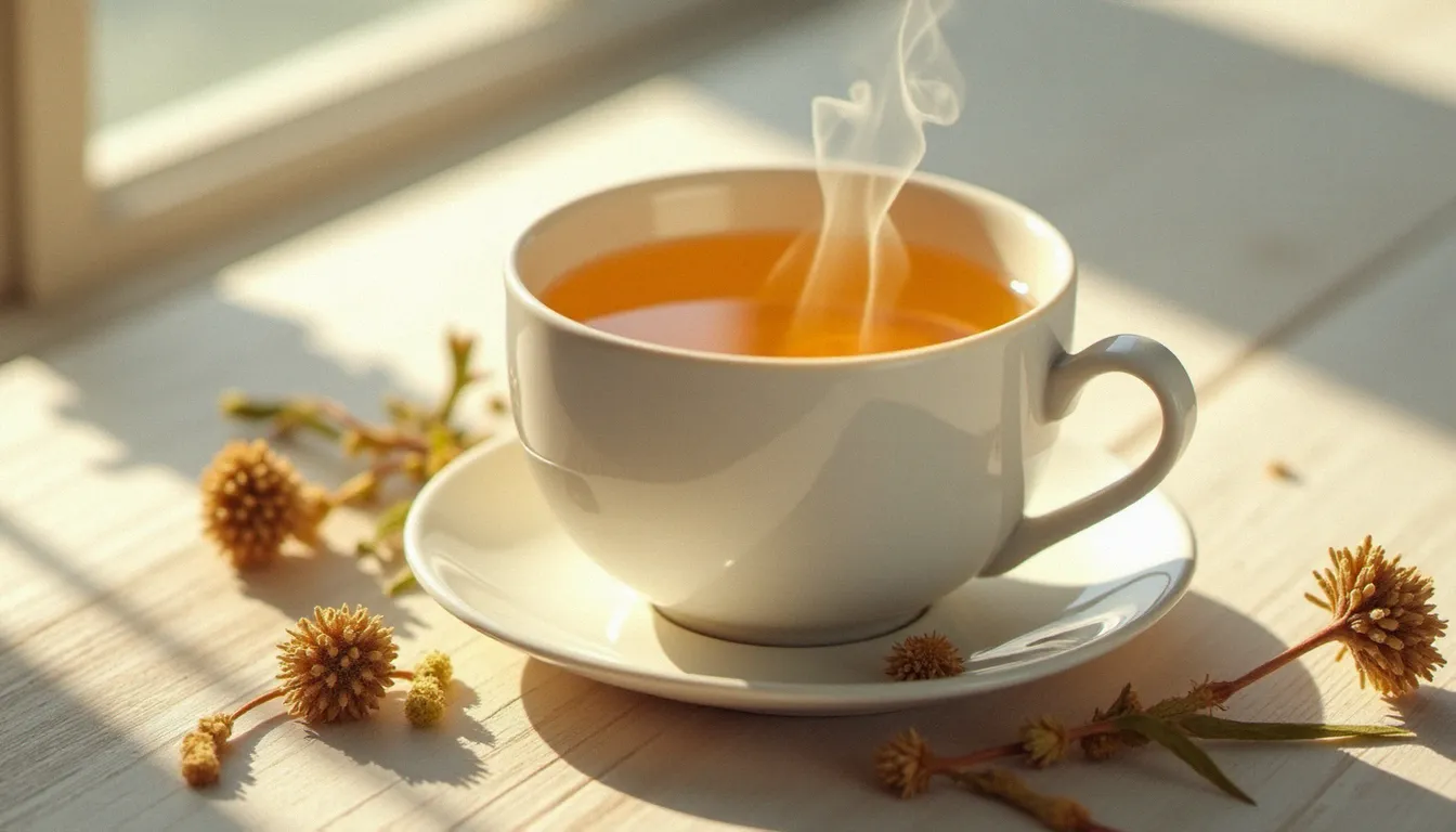 Une tasse d'infusion CBD Hollyweed dorée avec des fleurs de chanvre séchées sur une table en bois clair, vapeur visible