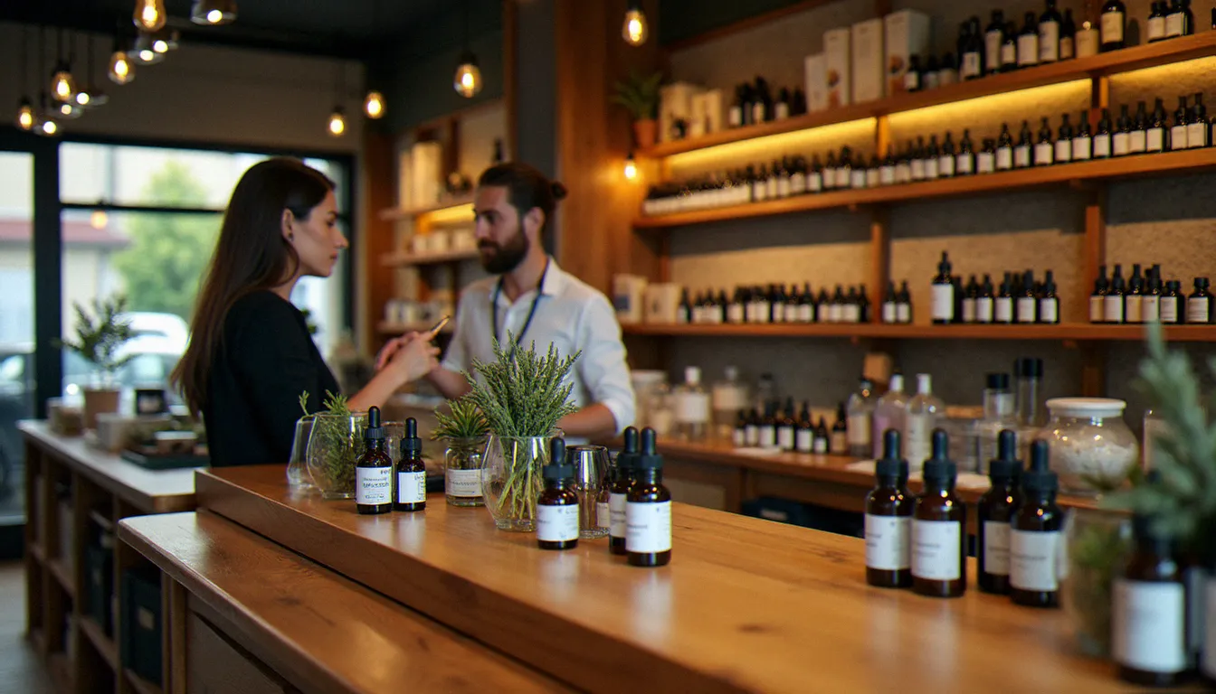 Intérieur d'une boutique spécialisée CBD avec rayonnages soignés de produits cannabidiol — l'environnement d'un vrai expert en CBD