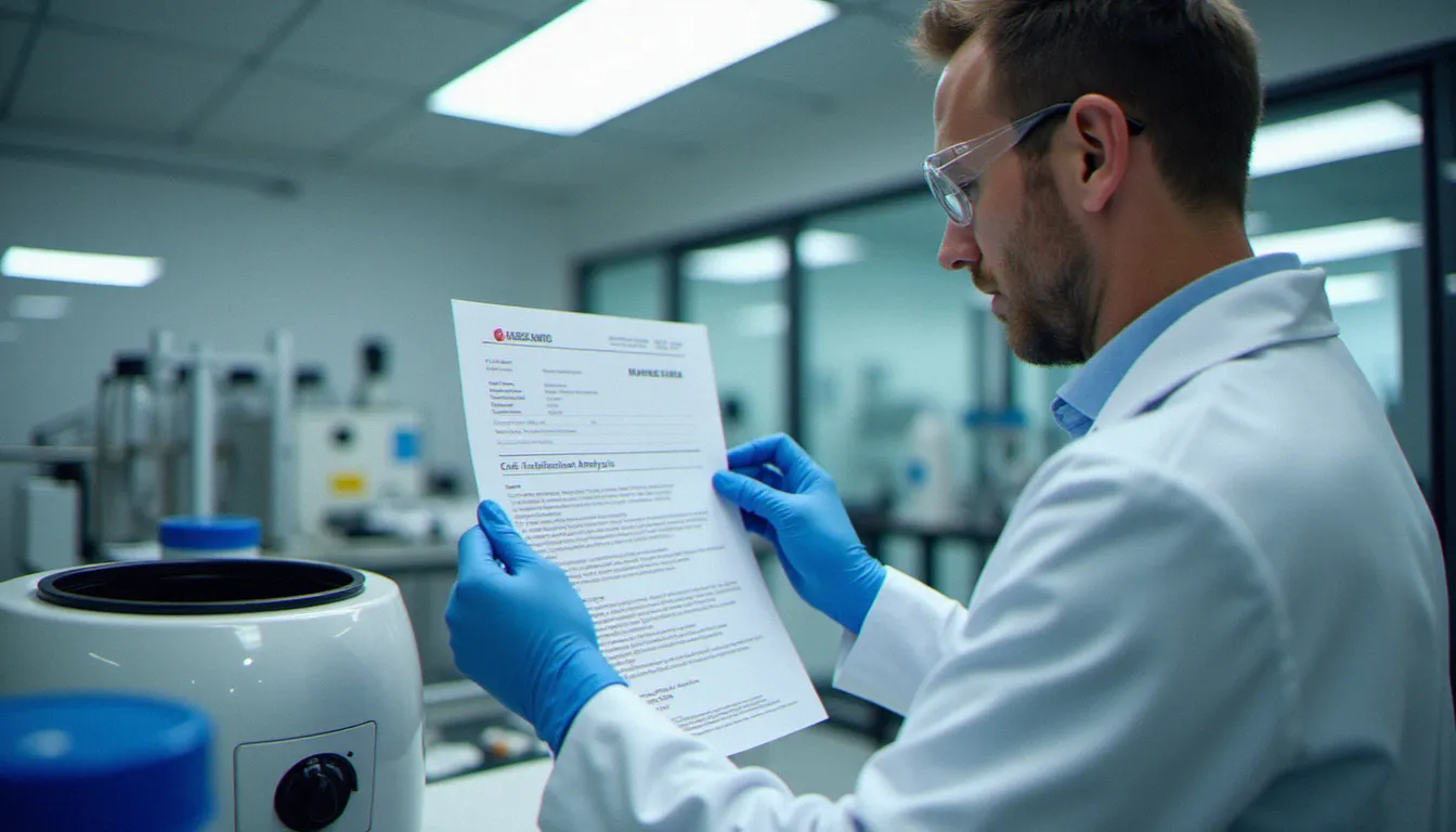 Technicien de laboratoire analysant un certificat d'analyse pour un produit CBD, étape clé pour valider la qualité d'un cbd discount