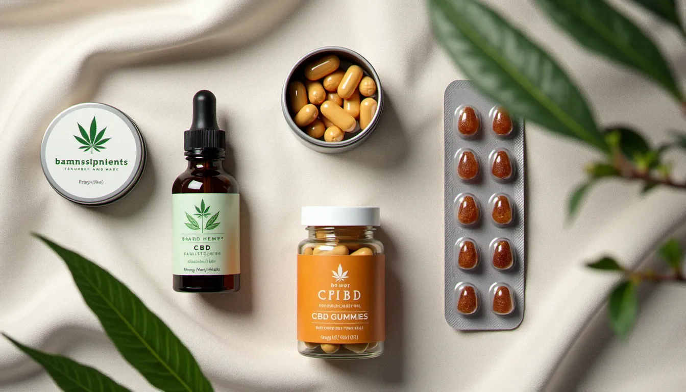 Vue aérienne de différents types de produits CBD — baume, gélules, huile et gummies — représentant les formats disponibles en cbd discount