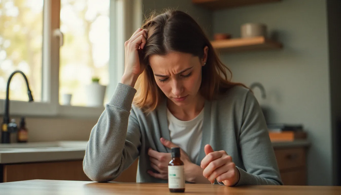 Personne ressentant un inconfort digestif après la prise d'huile de CBD, illustrant les effets secondaires courants comme les nausées