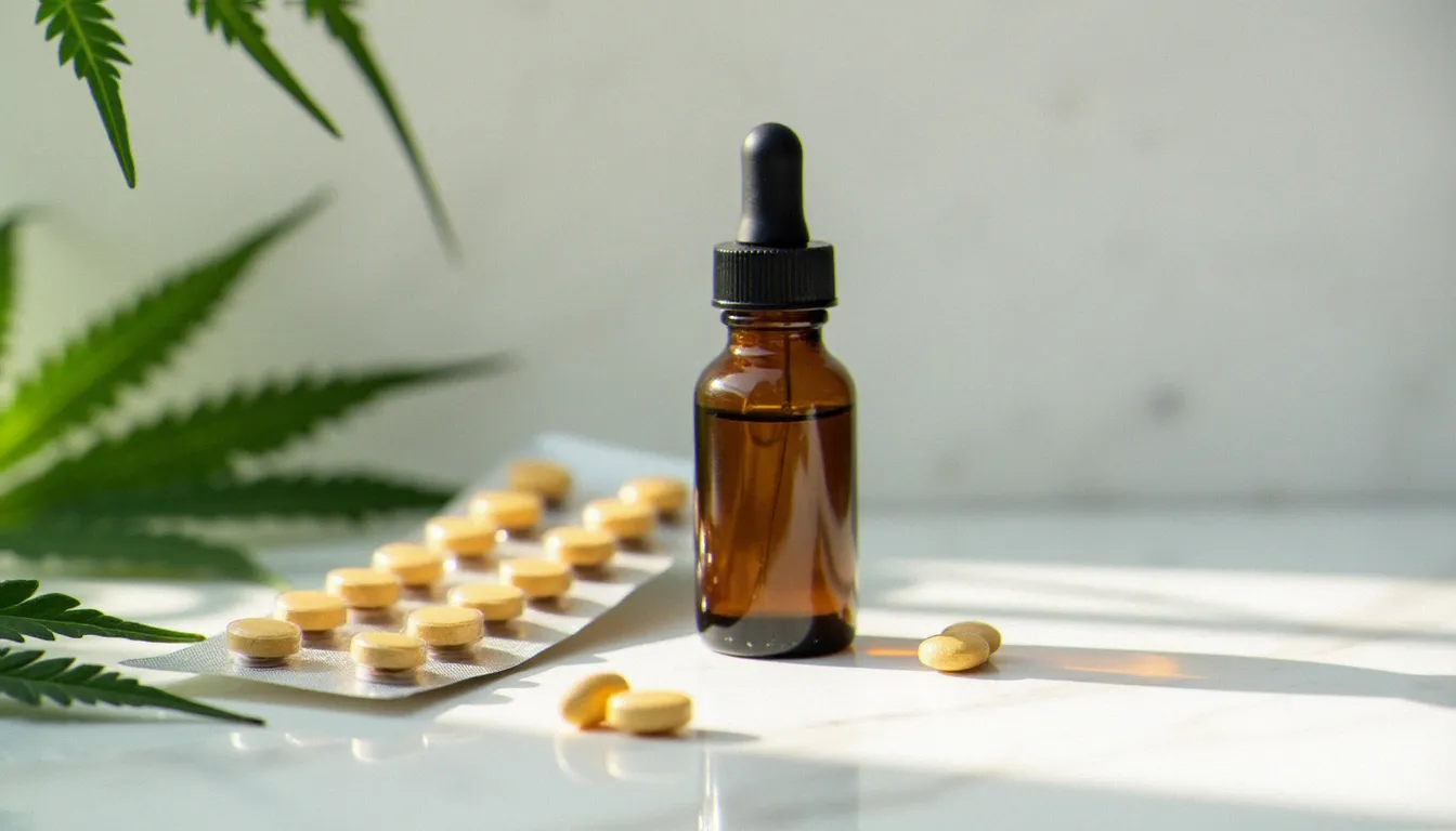 Flacon d'huile de CBD posé à côté de médicaments sur un plan en marbre, illustrant les dangers potentiels du CBD en interaction avec des traitements