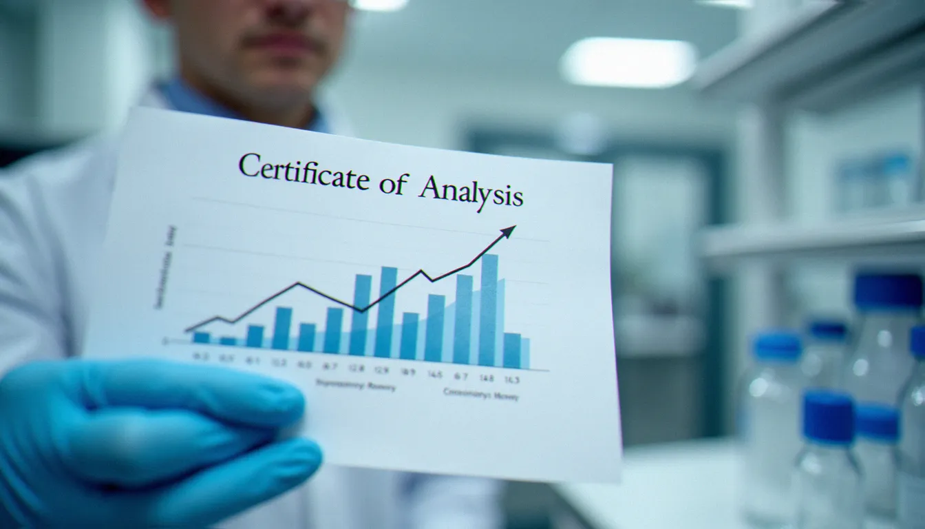 Scientifique tenant un certificat d'analyse CoA de laboratoire accrédité pour contrôle qualité d'un produit CBD