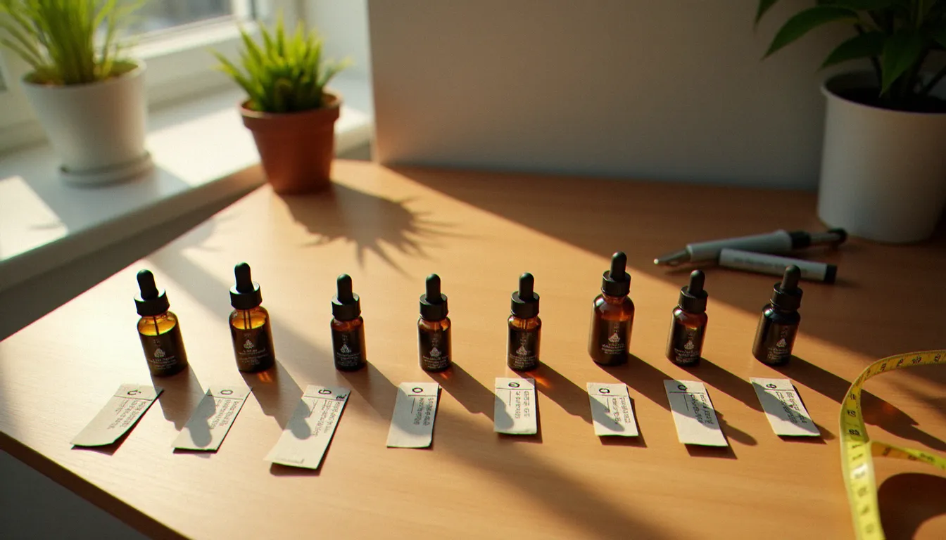 Comparaison de plusieurs flacons d'huile CBD sur un bureau en bois avec étiquettes de prix pour illustrer le rapport qualité-prix