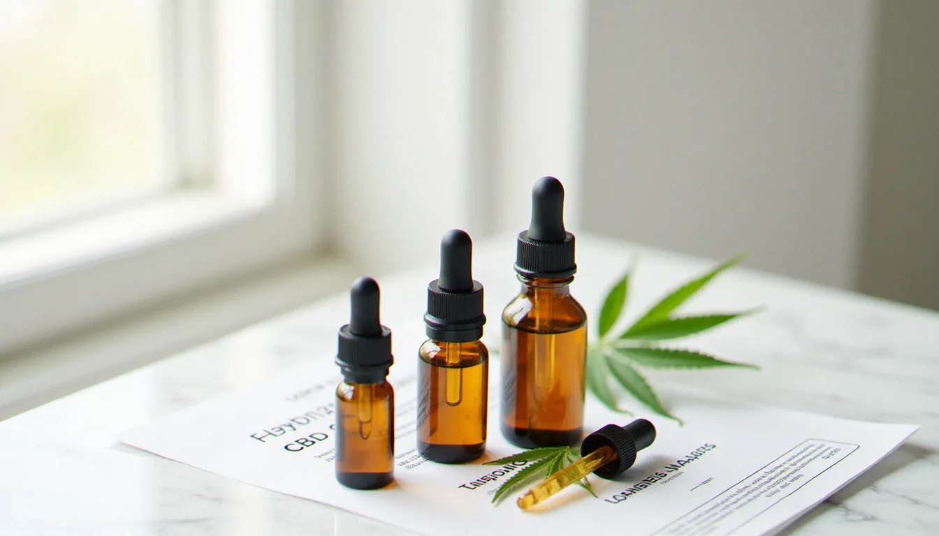 Bouteilles d'huile CBD en verre ambré avec feuille de chanvre et certificat d'analyse de laboratoire, comparatif meilleur site cbd