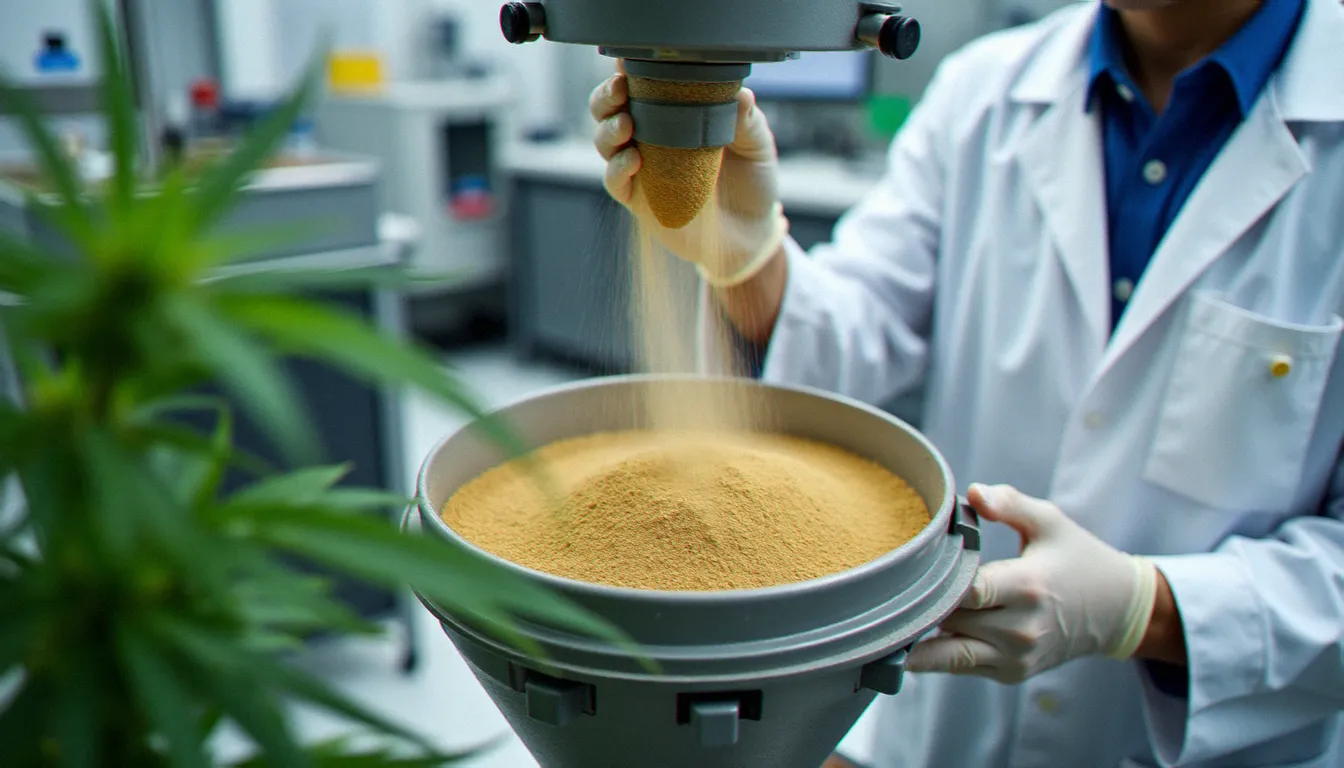Technicien en laboratoire utilisant un tamis à sec pour extraire les trichomes de chanvre et produire de la résine CBD