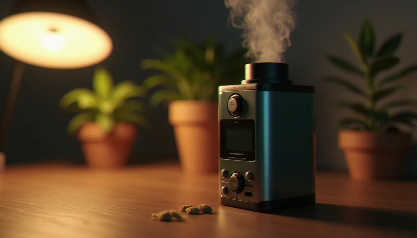 Vaporisateur portable avec un morceau de résine CBD dans la chambre de chauffe, méthode de consommation sans combustion sur bureau en bois