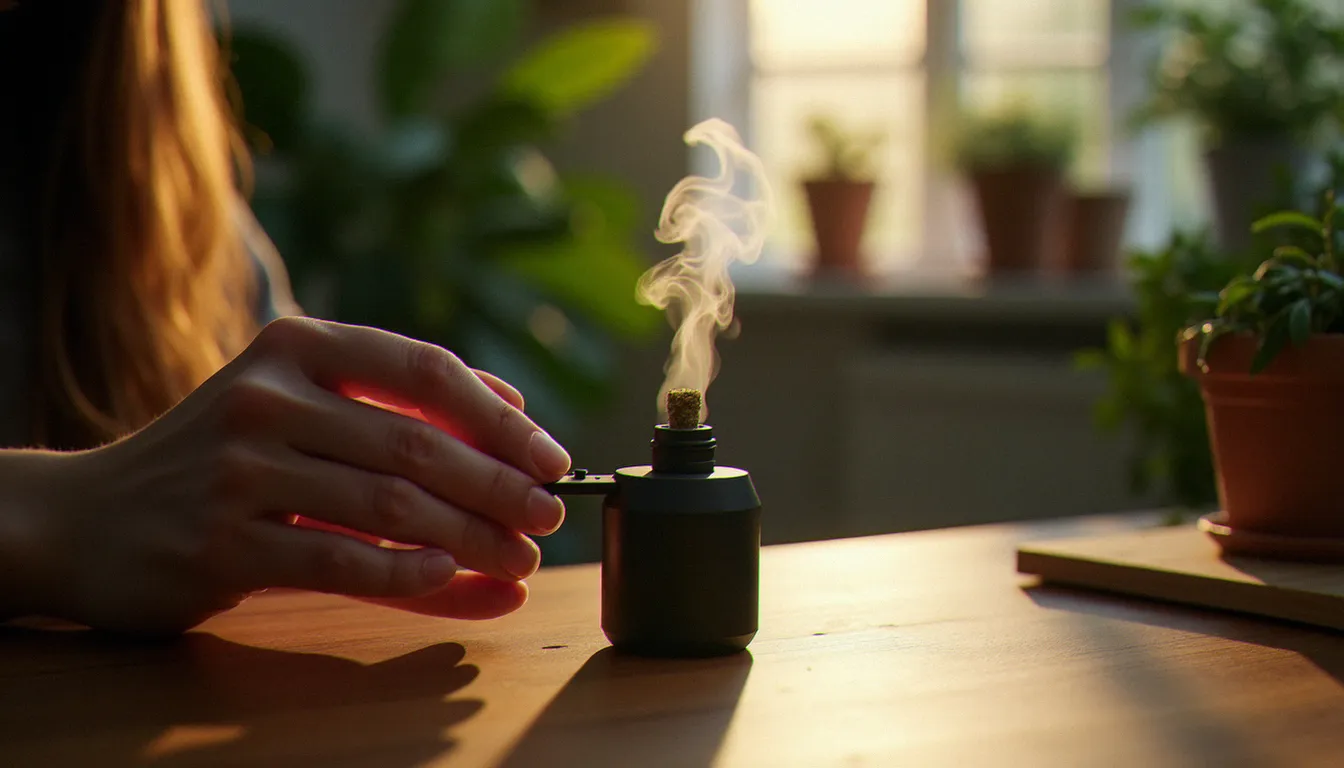 Utilisation d'un vaporisateur pour consommer de la résine CBD à domicile, vapeur visible dans un intérieur calme et lumineux