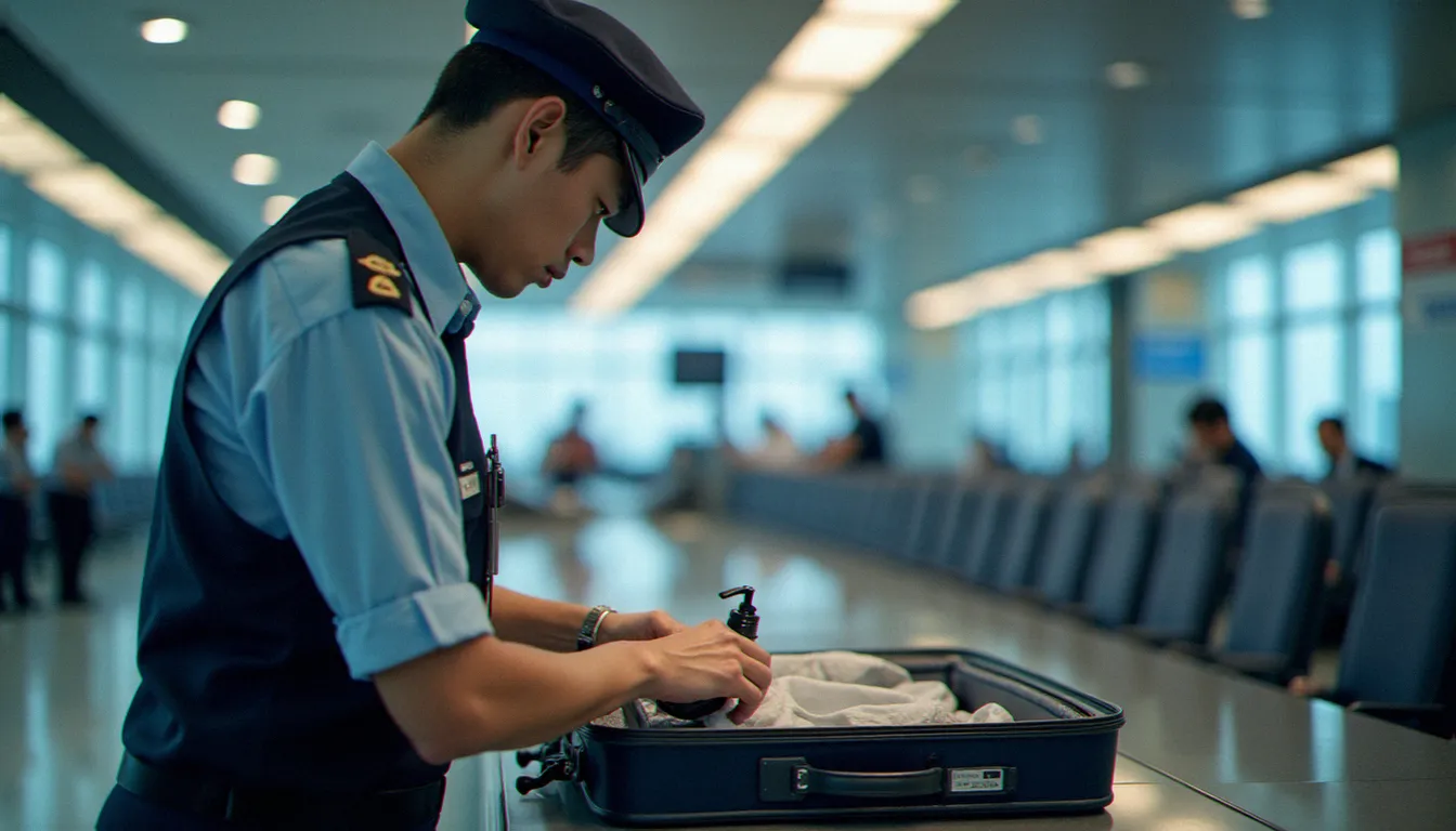 Agent des douanes inspectant des bagages et des flacons dans un aéroport asiatique, illustrant les contrôles douaniers liés au CBD à Taipei
